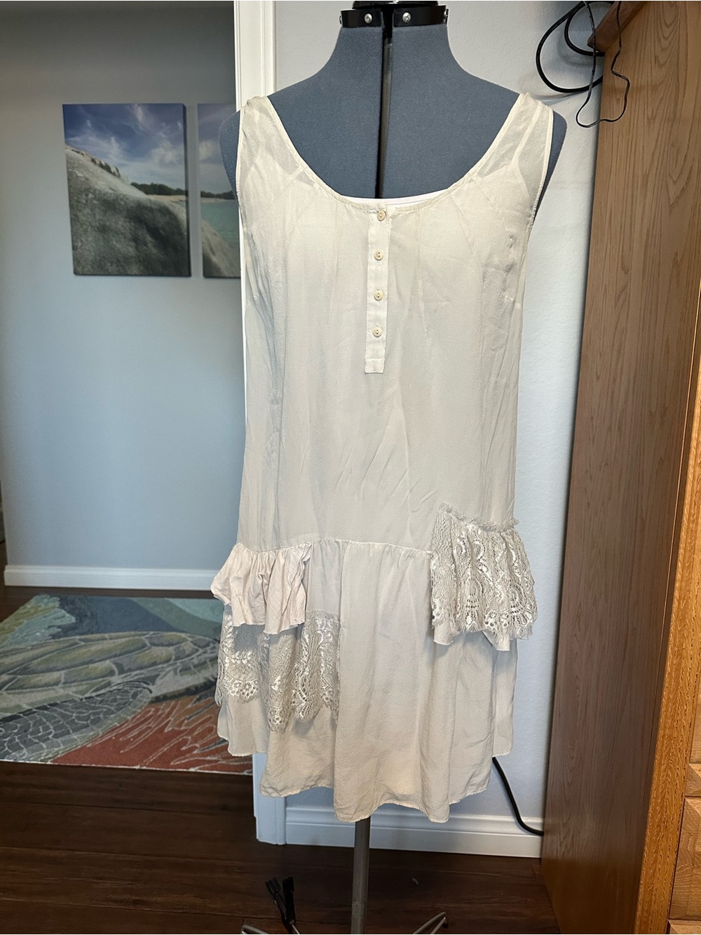 Hinge Cream Sleeveless Asymmetrical Silk w/Lace-Trim Dress